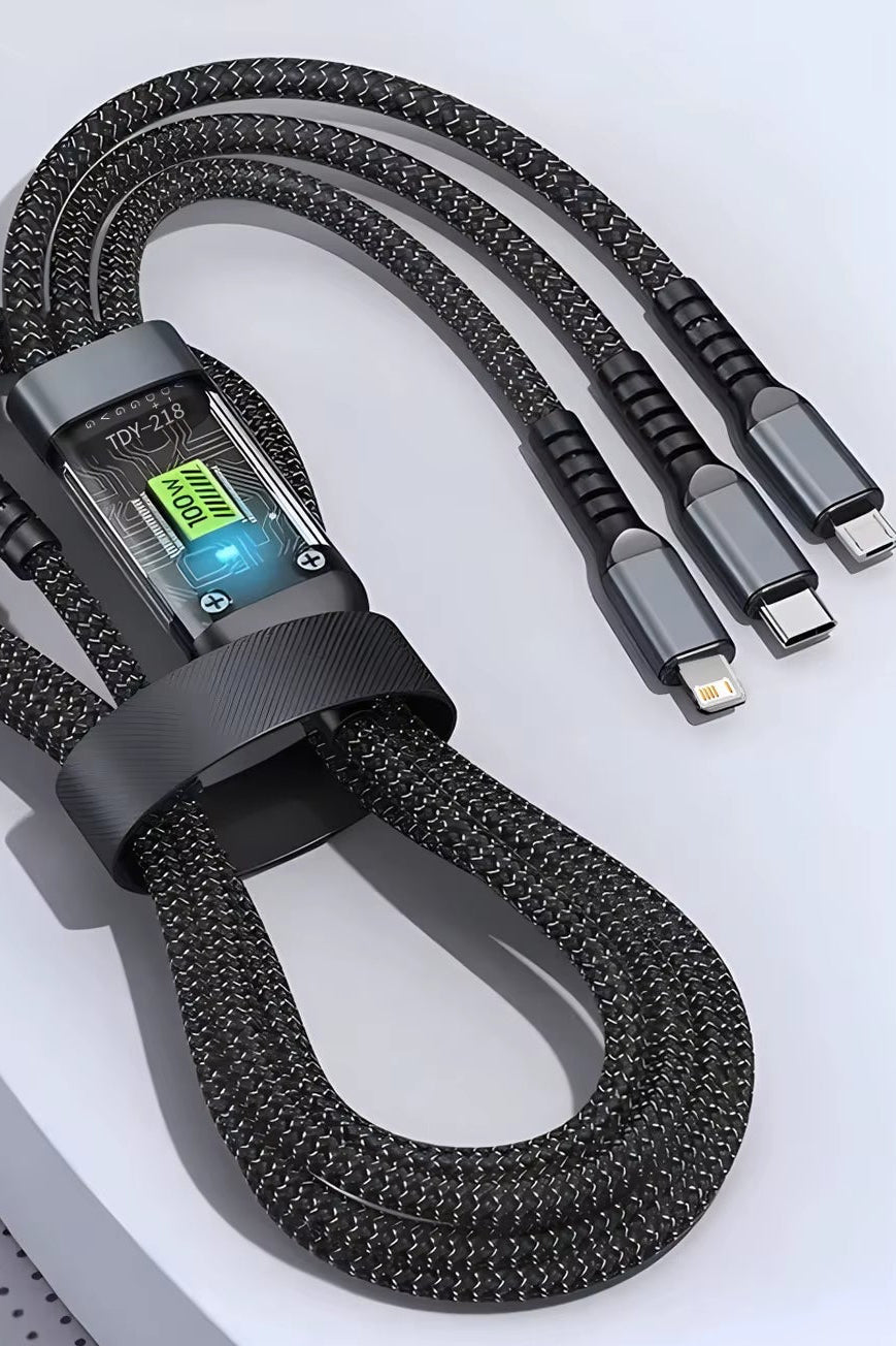 3-In-1 USB 100W 6A Fast Charger Cable Car USB to Type-C Micro LIGHTNING Cable for Iphone 16 15 14 13 Samsung Xiaomi Huawei