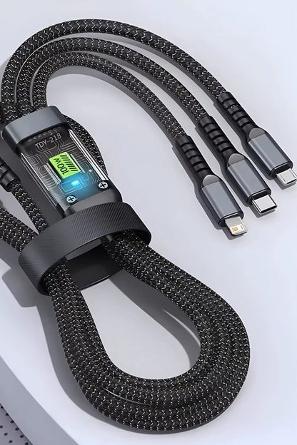3-In-1 USB 100W 6A Fast Charger Cable Car USB to Type-C Micro LIGHTNING Cable for Iphone 16 15 14 13 Samsung Xiaomi Huawei